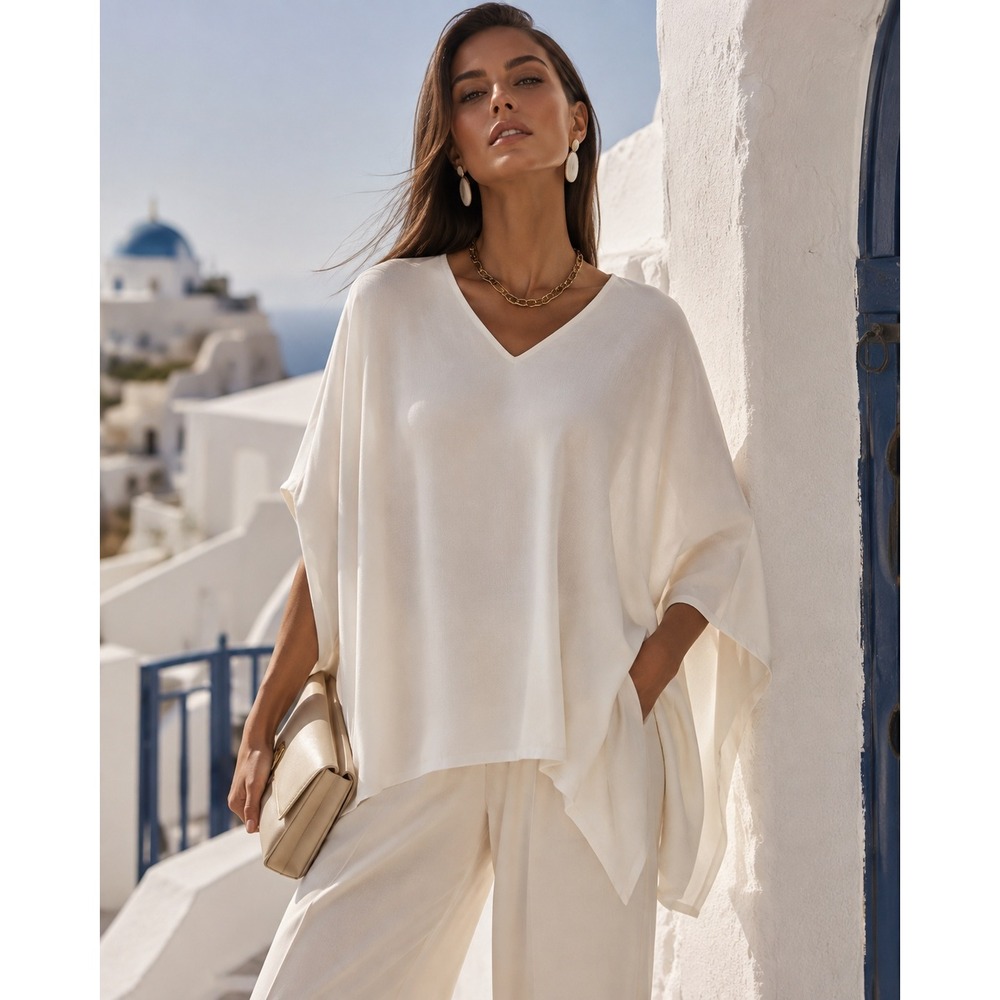 Patrizia Luca White‎ V-Neck Oversized Kaftan Batwing Sleeve Blouse O/S
